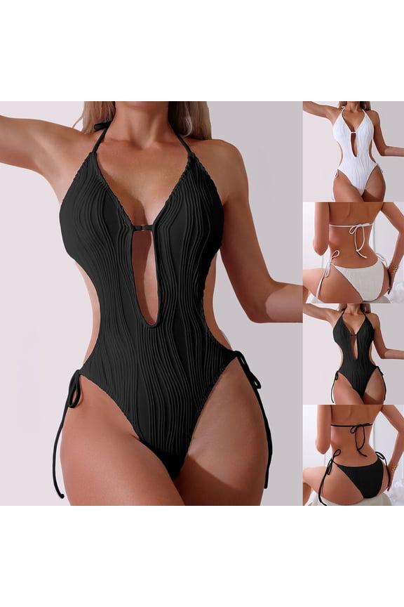 Women's One Piece Swimsuit Solid Halter Cutout Back, String Bikini Spaghetti Straps Push-Up Open Back Slimming Bathing Suit, White L