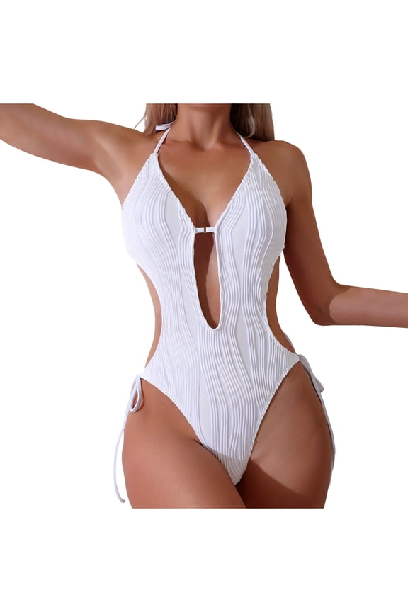 Women's One Piece Swimsuit Solid Halter Cutout Back, String Bikini Spaghetti Straps Push-Up Open Back Slimming Bathing Suit, White M