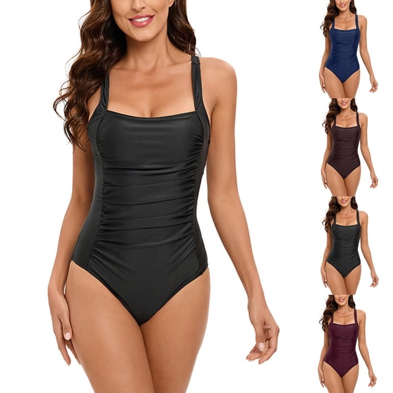 Lovzfmll Women's One Piece Swimsuit Square Neck Solid Fashion, Casual Spaghetti Straps Push-Up Low Back Bathing Suit, Black S