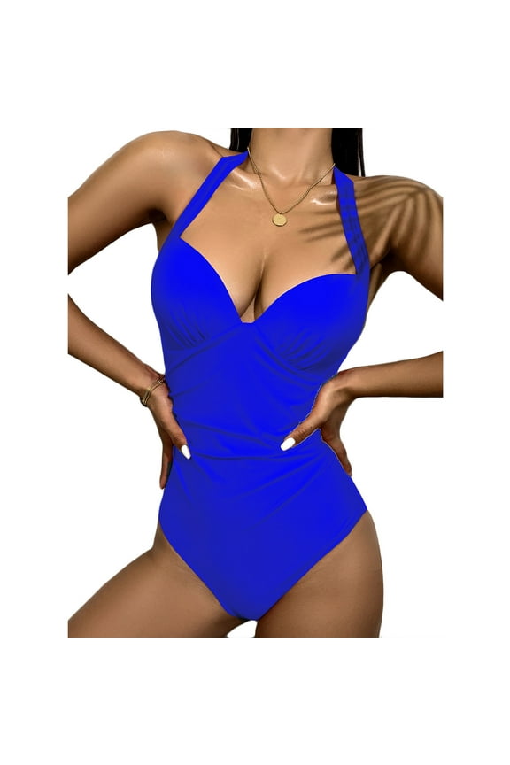 Women's One Piece Swimsuit Sweetheart Solid Bikini Style, Dressy Spaghetti Straps Push-Up Low Back Tie High Waist Bathing Suit, Green M