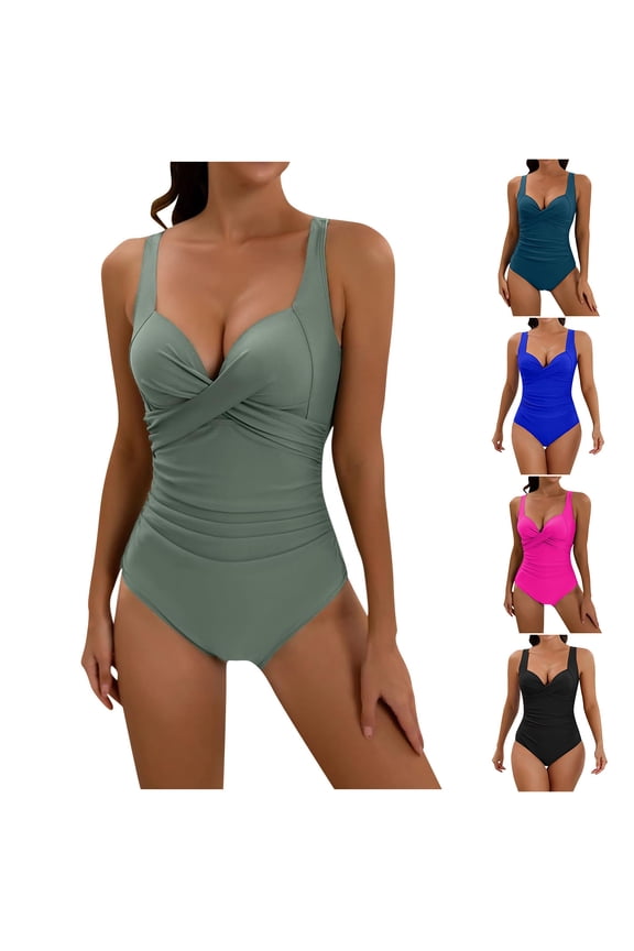 Women's One Piece Swimsuit V-Neck Solid Crossover Tummy Control, Dressy Bikini Spaghetti Straps Push-Up Open Back Bathing Suit, Black S