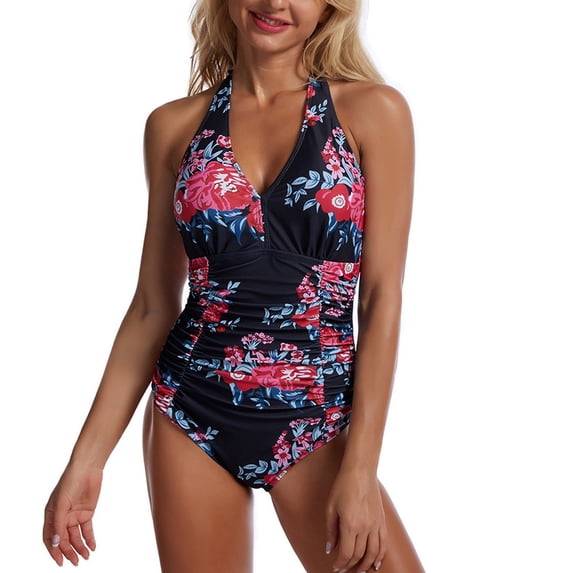 Lovzfmll Women's One Piece Swimsuits, Halter Neck Printed V Neck Bathing Suits, Tummy Control Swimsuit