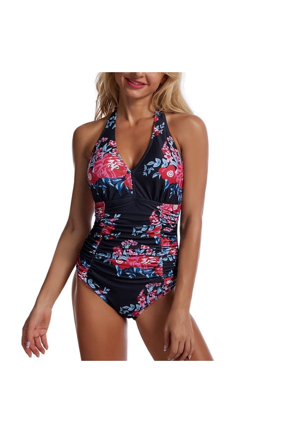 Women's One Piece Swimsuits, Halter Neck Printed V Neck Bathing Suits, Tummy Control Swimsuit