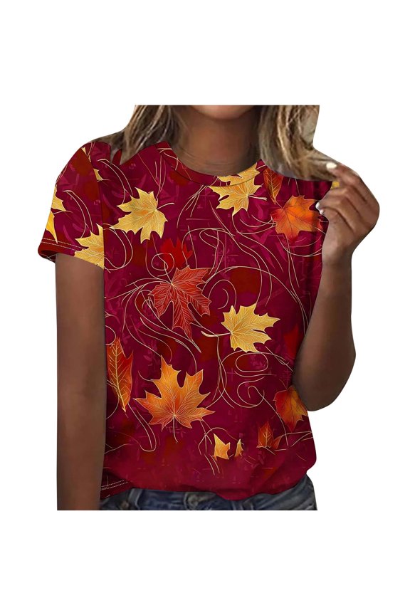 Women's Orange Maple Leaf Festival Tee, Autumn Short Sleeve Round Neck Top, Seasonal Print Casual Blouse
