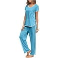 thumbnail image 1 of Lovzfmll Women's Pajama Lightweight Summer Solid Color Short Sleeve Round Neck Tops and Long Pants Loose Two-Piece Nightwear Sleepwear Soft Side Split Loungewear Pajama Sets Blue 2XL, 1 of 9