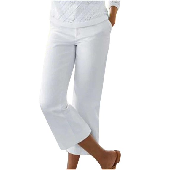 Lovzfmll Women's Pants Plus Size Summer and Fall Lightweight Solid Color Elastic Waist Cotton Linen Versatile Straight Tube Casual Daily Comfortable Loose Wide Leg Pants White M