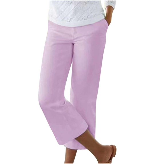 Lovzfmll Women's Pants Plus Size Summer and Fall Lightweight Solid Color Elastic Waist Cotton Linen Versatile Straight Tube Casual Daily Comfortable Loose Wide Leg Pants Pink 2XL