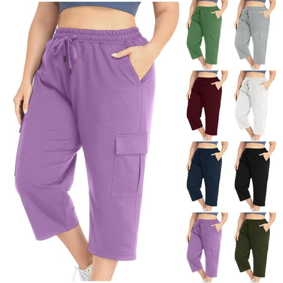 Lovzfmll Women's Plus Size Capris, Solid Color Cropped Pants with Drawstring & Pockets, Elastic Waist Casual Pants,Fall Clothes