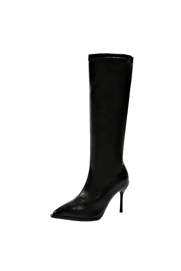 Women's Plus Size Knee High Boots, Stiletto High Heel Pointed Toe Chelsea Leather Boots, Fall Winter Dressy Comfort Shoes, 6, Black