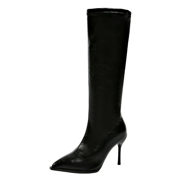 Lovzfmll Women's Plus Size Knee High Boots, Stiletto High Heel Pointed Toe Chelsea Leather Boots, Fall Winter Dressy Comfort Shoes, 7.5, Black