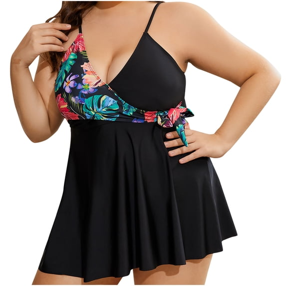 Lovzfmll Women's Plus Size One Piece Swimsuit Loose V-Neck Conservative, A-Line Mini Spaghetti Straps Low Back Bathing Suit, Black XL