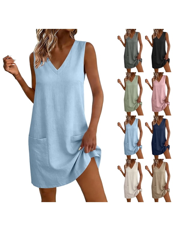 Women's Pocket V Neck Sleeveless Shift Mini Dress, Loose Casual Vacation Dress Black, S