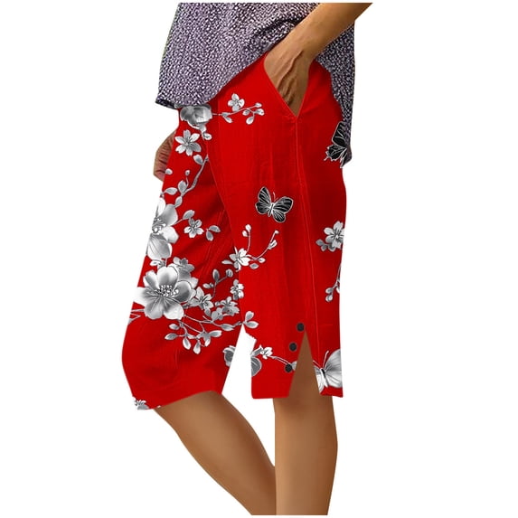 Lovzfmll Women's Printed Bermuda Shorts, Wide Leg Casual Shorts with Side Slit & Pockets, Summer Button Front Shorts Red, 2XL