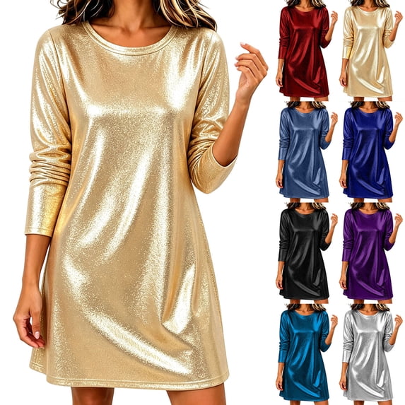 Lovzfmll Women's Sequin Dress, Solid Color Crew Neck Party Shift, Long ...