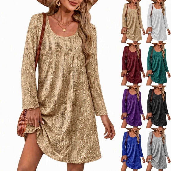Lovzfmll Women's Sequin Dress, Solid Color Crew Neck Party Tunic, Long ...