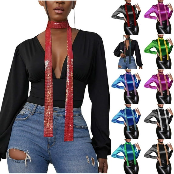 Lovzfmll Women's Sequin Scarf, Skinny Ties Sparkly Lace-up Neckerchief Scarf for Party Night Club Prom Fashion Show Cosplay