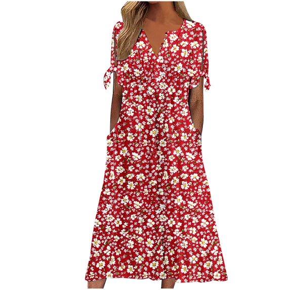 Lovzfmll Women's Shift Dress, Printed V-Neck Short Sleeve with Button, Casual Maxi Dress Red, S