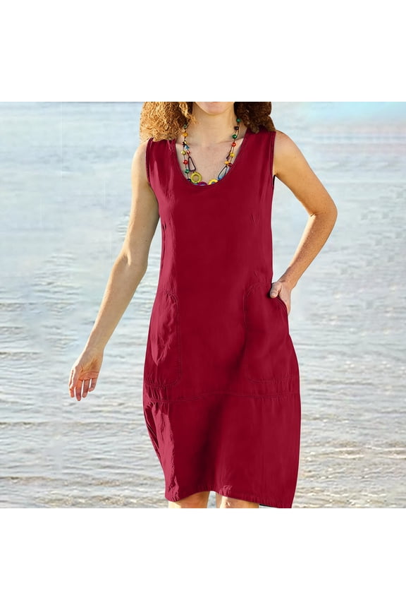 Women's Shift Dress Solid Color Linen Blend Sleeveless Casual Mid-Length Dress Red 2XL