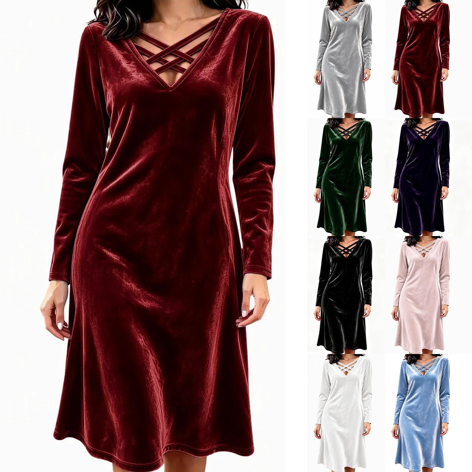 Velvet Collapse Lovzfmll Women's Shift Dress, Solid Color Velvet V-Neck, Long Sleeve ...