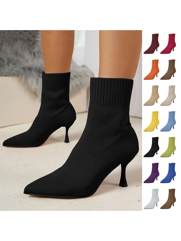 Women's Sock Boots, Solid Color Pointy Knit High Heel Slim Ankle, Pull-On Mid-Calf Casual Flare High Heel Pointy Toe Boots for Women, 6