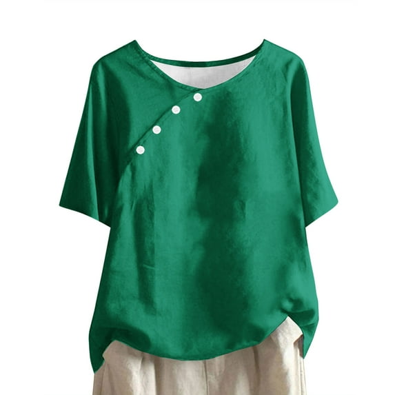 Lovzfmll Women's Solid Color Casual Round Neck Linen Knot Linen Button Short Sleeved Top Green XL