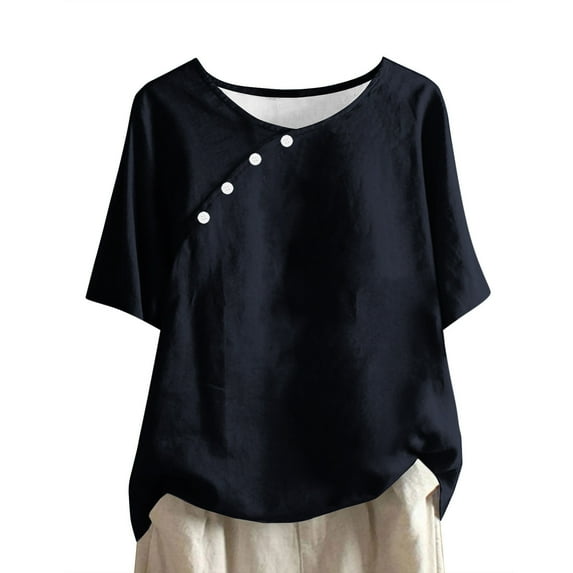 Lovzfmll Women's Solid Color Casual Round Neck Linen Knot Linen Button Short Sleeved Top Navy 3XL
