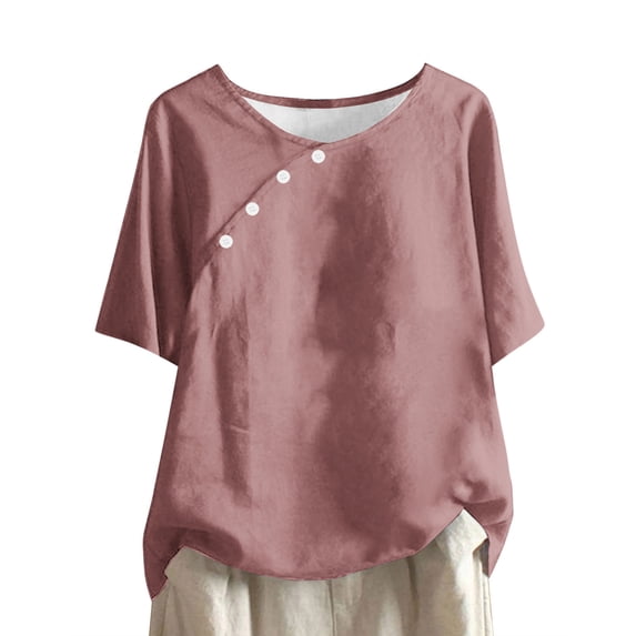 Lovzfmll Women's Solid Color Casual Round Neck Linen Knot Linen Button Short Sleeved Top Pink M