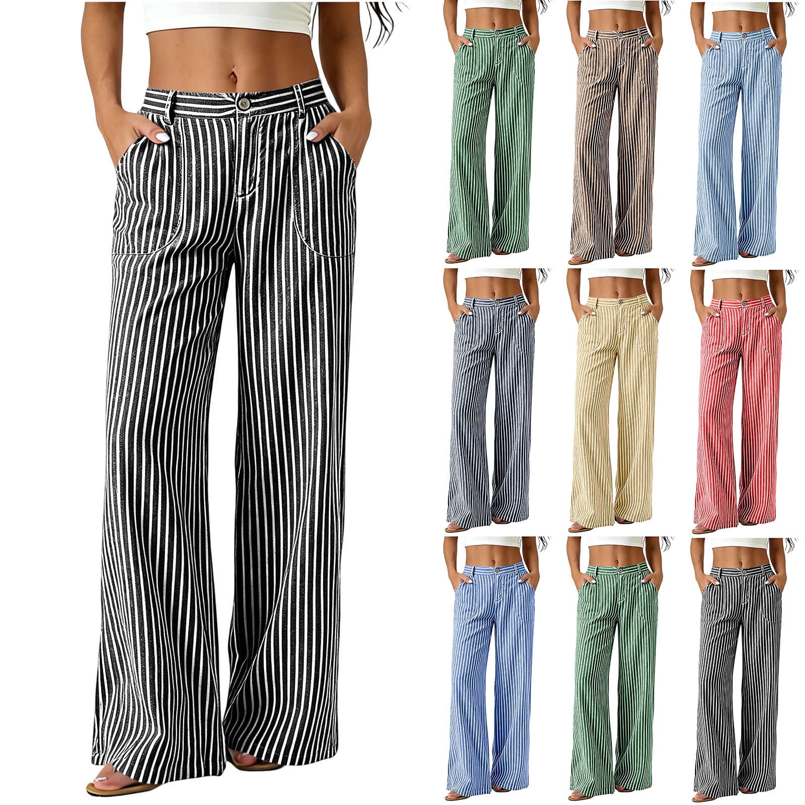 Lovzfmll Women's Straight Leg Pants, Solid Color Pocket Elastic Stripe ...