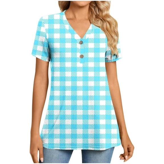 Lovzfmll Women's Striped Gingham Short Sleeve Shirt, Button Down V-Neck Casual Top, Comfortable Plaid Blouse