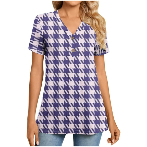 Lovzfmll Women's Striped Gingham Short Sleeve Shirt, Button Down V-Neck Casual Top, Comfortable Plaid Blouse