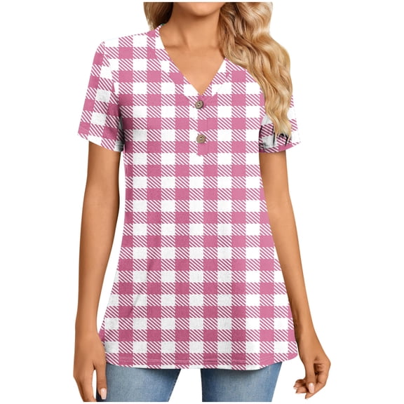 Lovzfmll Women's Striped Gingham Short Sleeve Shirt, Button Down V-Neck Casual Top, Comfortable Plaid Blouse
