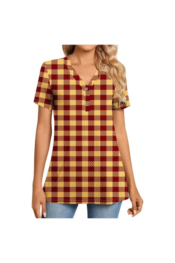 Women's Striped Gingham Short Sleeve Shirt, Button Down V-Neck Casual Top, Comfortable Plaid Blouse