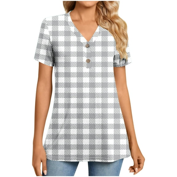 Lovzfmll Women's Striped Gingham Short Sleeve Shirt, Button Down V-Neck Casual Top, Comfortable Plaid Blouse