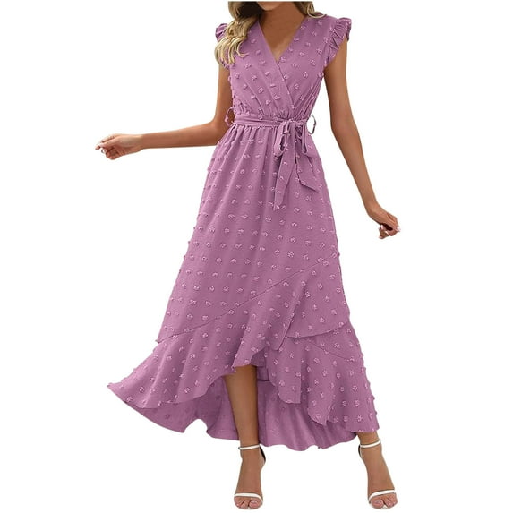Lovzfmll Women's Summer Lightweight Floral Dress Wrap V Neck Casual Solid Color Bubble Embroidered Lace Cuffs Comfortable Short Sleeve Belted Ruffle A-Line Flowy Maxi Dresses Purple L