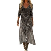 Lovzfmll Women's Sundress, Bohemian Print V-Neck Long Sleeve, Vacation Maxi Dress Gray, L