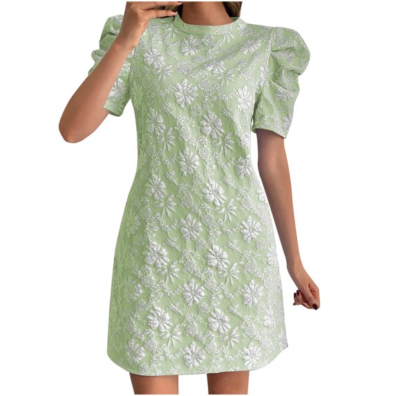 Lovzfmll Women's Sundress, Crew Neck Short Sleeve with Puff Sleeve & Texture, Casual Vacation Mini Dress Green, XL