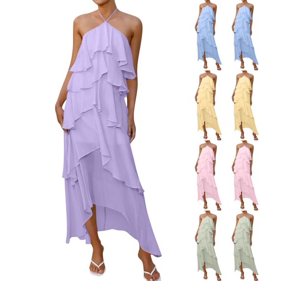 Lovzfmll Women's Sundress, Elegant Halter Neck with Ruffles, Casual Maxi Tiered Chiffon Dress Purple, S