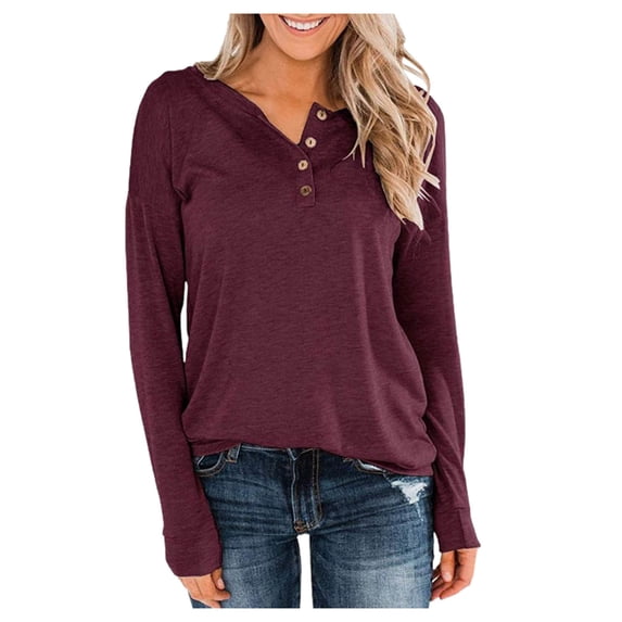 Lovzfmll Women's T-Shirts, Women's Casual Long Sleeve Daily T-Shirts Loose Round Neck Cute Tunic Buttons Tops Basic Tees Blouses Fashion Pullove Solid Color Comfortable Sweatshirts Shirt Wine S
