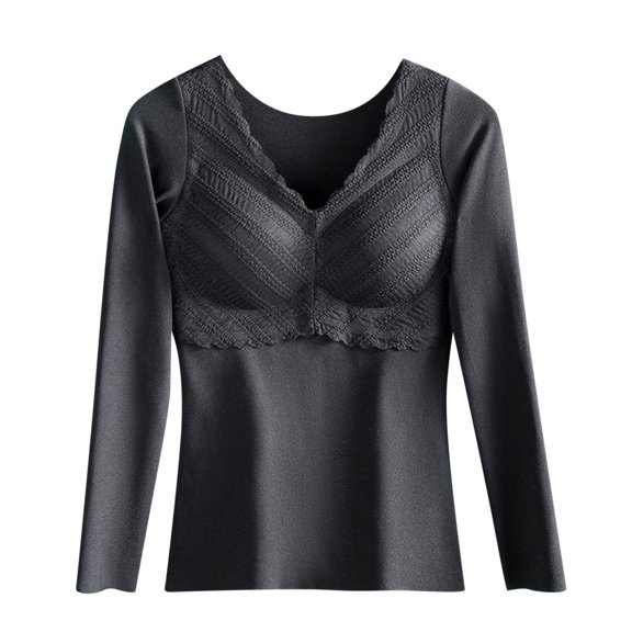Lovzfmll Women's Thermal Top Self-Heating Long Sleeve, V-Neck with Fleece Lining and Seamless Design for Full Coverage Warmth