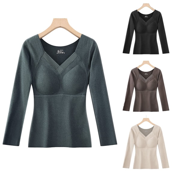 Lovzfmll Women's Thermal Top with Graphene Self-Heating, V-Neck with Fixed Cups and Long Sleeve Built-in Bra for Versatile Wear