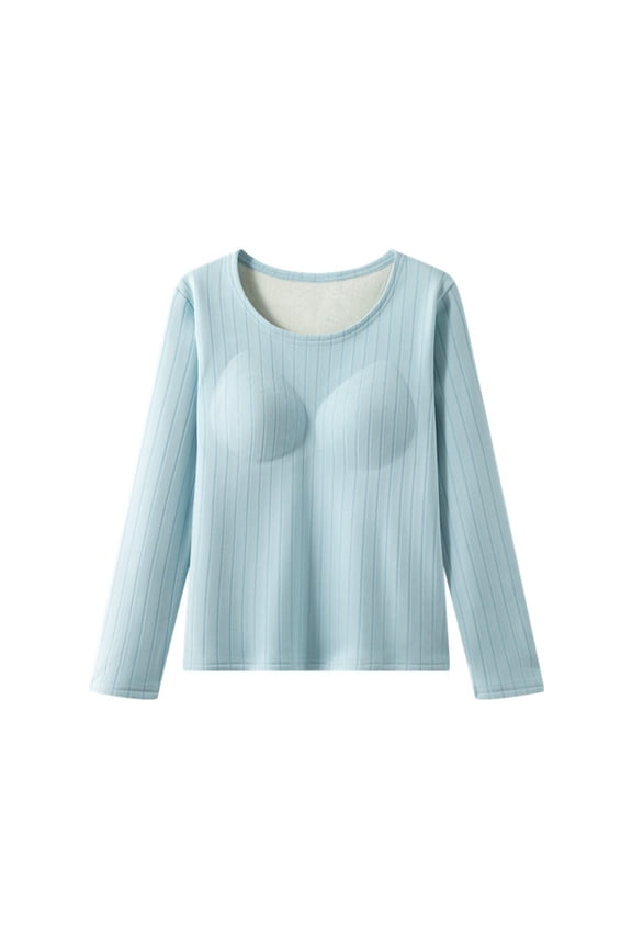 Women's Thermal Top with Ribbed Design, Round Neck Long Sleeve with Thickened Fleece and Built-in Bra for Seamless Look