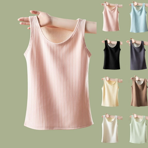 Lovzfmll Women's Thermal Top with Ribbed Style, Round Neck Sleeveless with Thickened Fleece Lining and Integrated Cup Covers