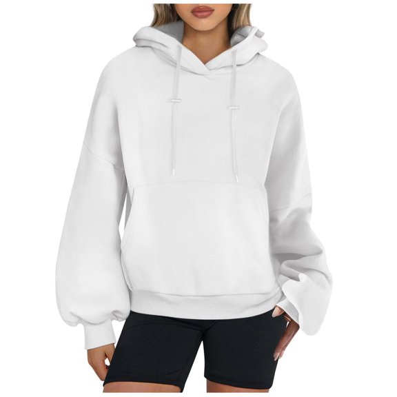 Lovzfmll Women's Tops Fall and Winter Womens Oversized Crew Neck Hoodies Casual Long Sleeve Solid T-Shirt Fleece Sweatshirts Pullover Sweaters Teen Girls Preppy Tops Clothes White L