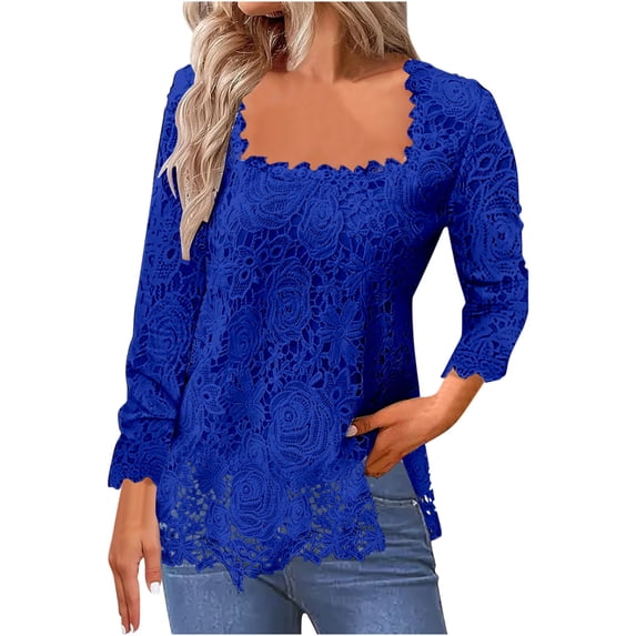 Lovzfmll Women's Tops Solid Color Fashion Lace Floral Casual Streetwear Dressy, Going Out Tops Square Neckline Long Sleeve Relaxed Fit Blouse Fall Outfits for Women