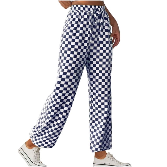 Lovzfmll Women's Travel Pants, Gingham Straight Leg Casual Loose Pants, Full Length Lightweight Trousers for Fall 2025 Outfits