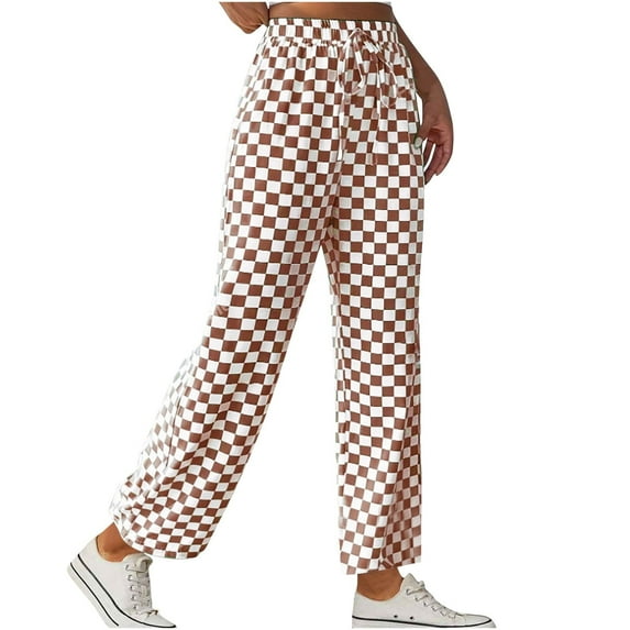 Lovzfmll Women's Travel Pants, Gingham Straight Leg Casual Loose Pants, Full Length Lightweight Trousers for Fall 2025 Outfits