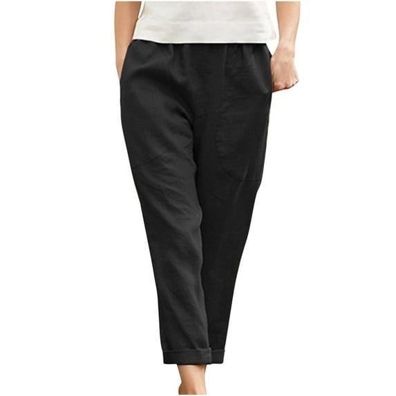 Lovzfmll Women's Travel Pants, Linen Blend Straight Leg Trousers with Elastic Waist & Pockets, Solid Color Casual Pants, Fall Clothes