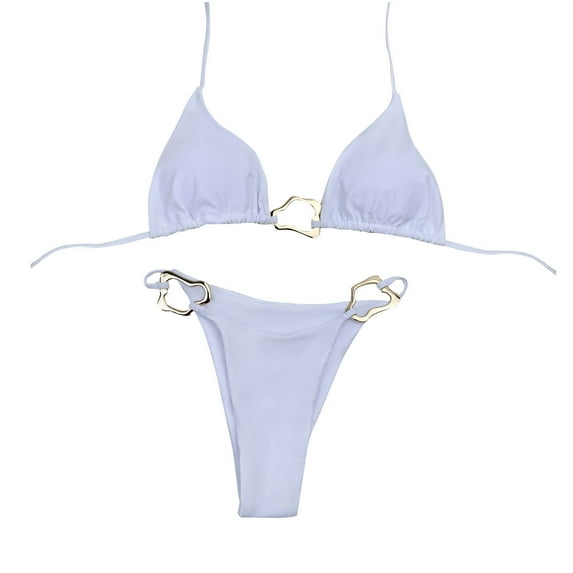 Lovzfmll Women's Trikini Set, Solid Color Triangle Top with Metal Rings and String Bottoms, Backless Bathing Suit for Beach
