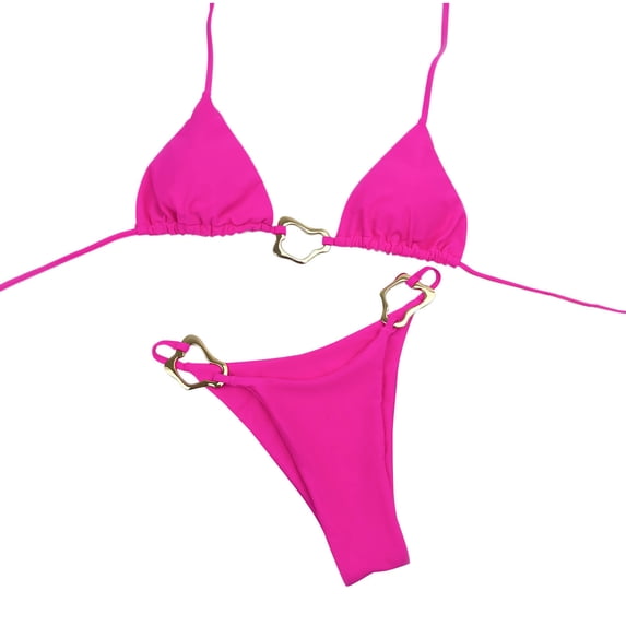 Lovzfmll Women's Trikini Set, Solid Color Triangle Top with Metal Rings and String Bottoms, Backless Bathing Suit for Beach