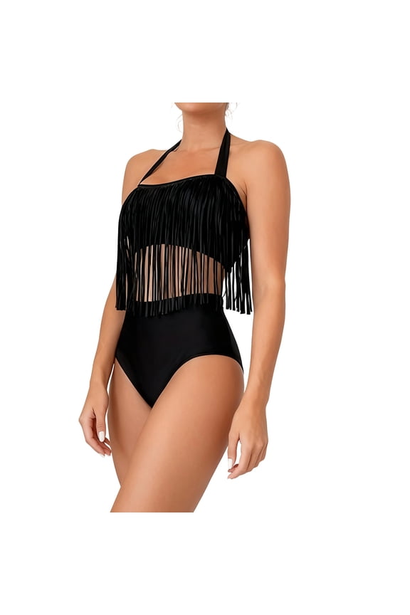 Women's Two Piece Bikini Set, Fringe Detail Halter Bra, Bathing Suit for Beach Party and Vacation